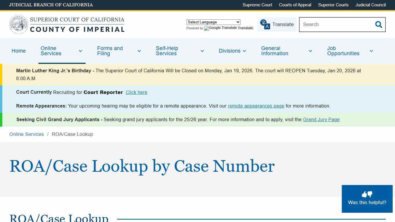ROA/Case Lookup Superior Court of California County of Imperial